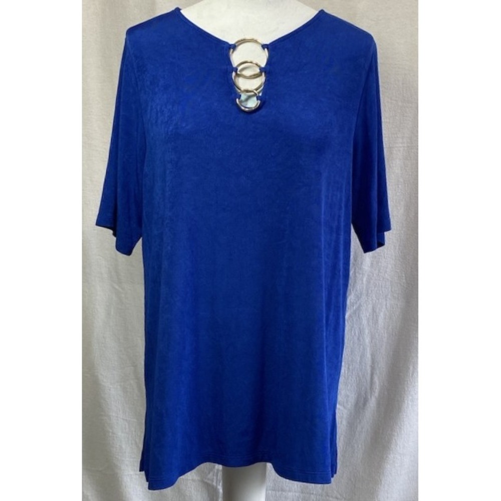 Chico's Travelers Blue Tunic Top Ring Detail Stretch Travel Knit Size 2